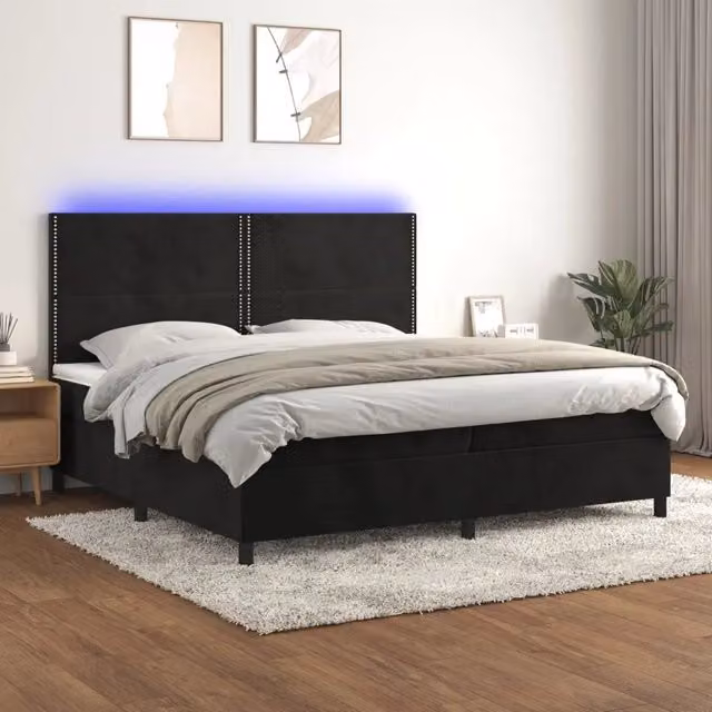 Letto a molle con materasso vidaXL in velluto nero con illuminazione LED e porta USB L/P/H: 200 x 200 x 128 cm
