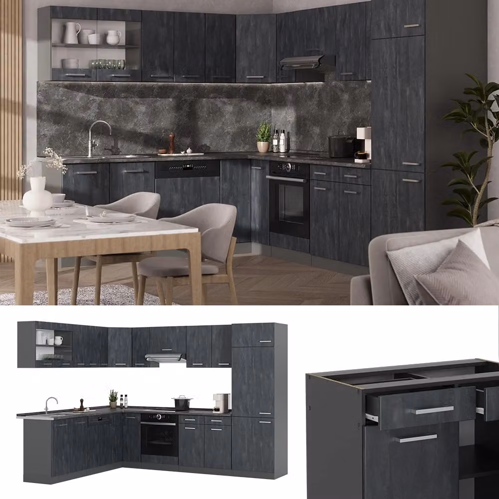 Cucina angolare moderna Vicco R-Line in finitura opaca Calce nera e Antracite con piano effetto Marmo, L: 287 cm, P: 227 cm – 2