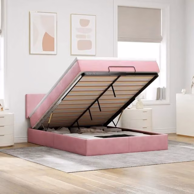 Struttura Letto Pouf con Materasso Rosa 140x190 cm in Velluto 3312553