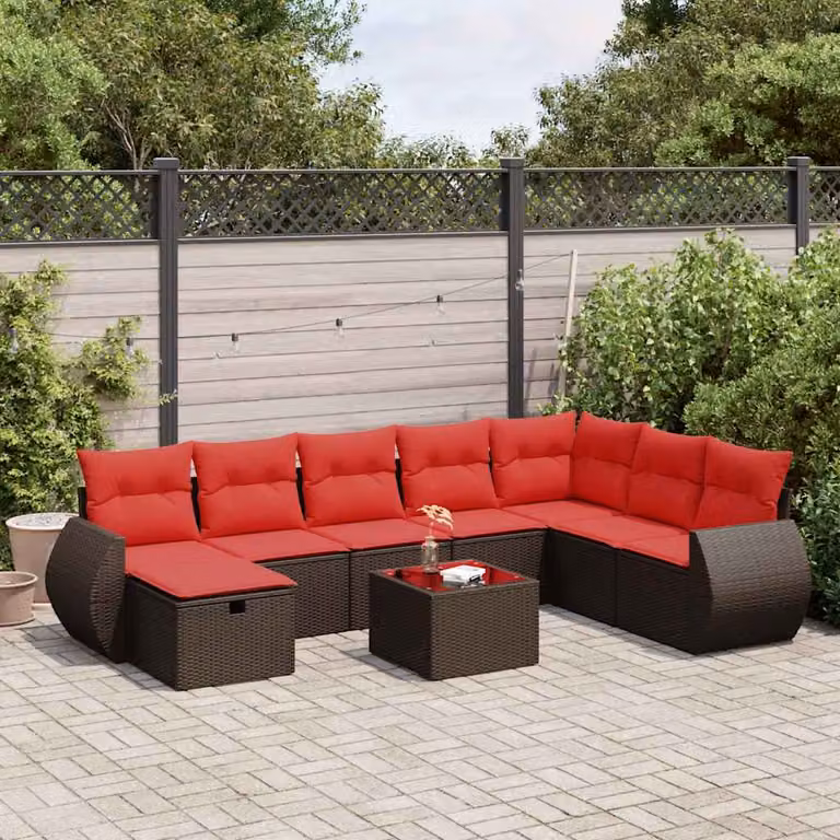 Set Divani da Giardino vidaXL 9 Pezzi in Polyrattan Marrone con Cuscini e Tavolino da Esterno a Forma di U