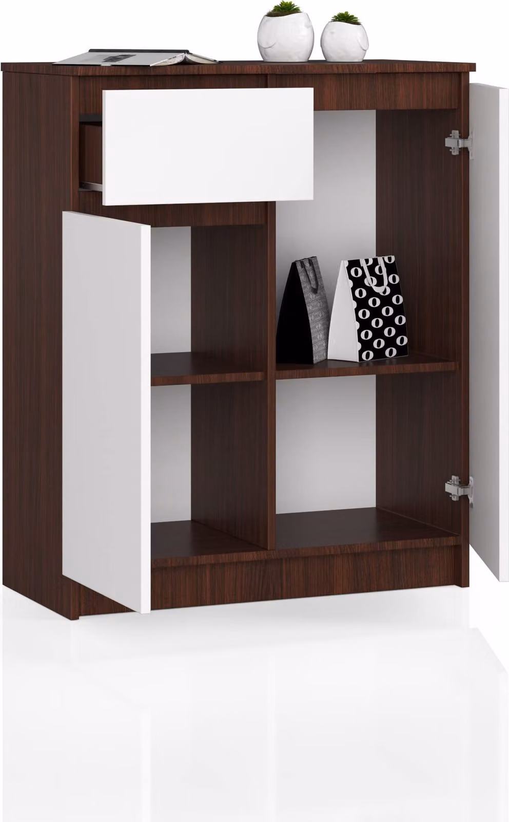 BDW, cassettiera 1 cassetto e 2 ante, 80x99x40 cm, credenza, wengé - bianco