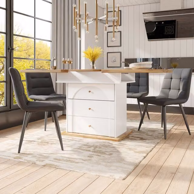 Tavolo da cucina e soggiorno WISHDOR allungabile e pieghevole, design moderno rettangolare, bianco e beige, L/P/H: 140 x 80 x 75 cm