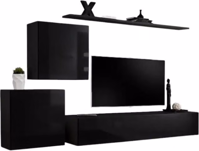 Composizione murale SWITCH V – Nero lucido – Mobile TV, blocchi sospesi e scaffali – Design moderno