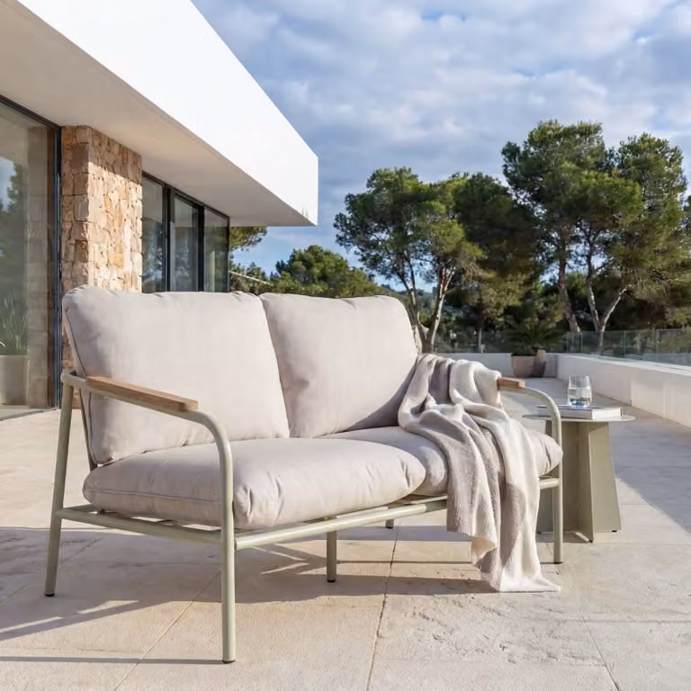 Panchina da giardino in alluminio MCW-O11, divano a 2 posti da esterno, tessuto olefinico (205 g/m²) 125 cm ~ verde chiaro imbottitura beige