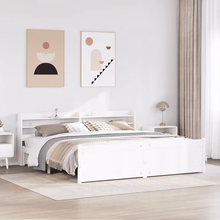 vidaXL Letto in legno di pino massiccio stile rustico con testiera e scomparti laterali Bianco L/P/H: 200 x 180 x 90 cm