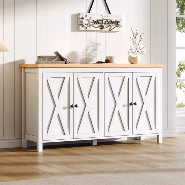 Credenza in MDF con 4 ante e ripiani interni, L/P/H: 140 x 40 x 78 cm, Bianca