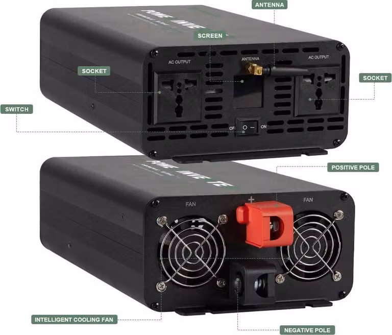 Inverter solare - Da 12 V CC a 220 V CA - Onda sinusoidale pura - Potenza continua 3000 W - Potenza di picco 5000 W - 50 Hz - Funzionamento in isola