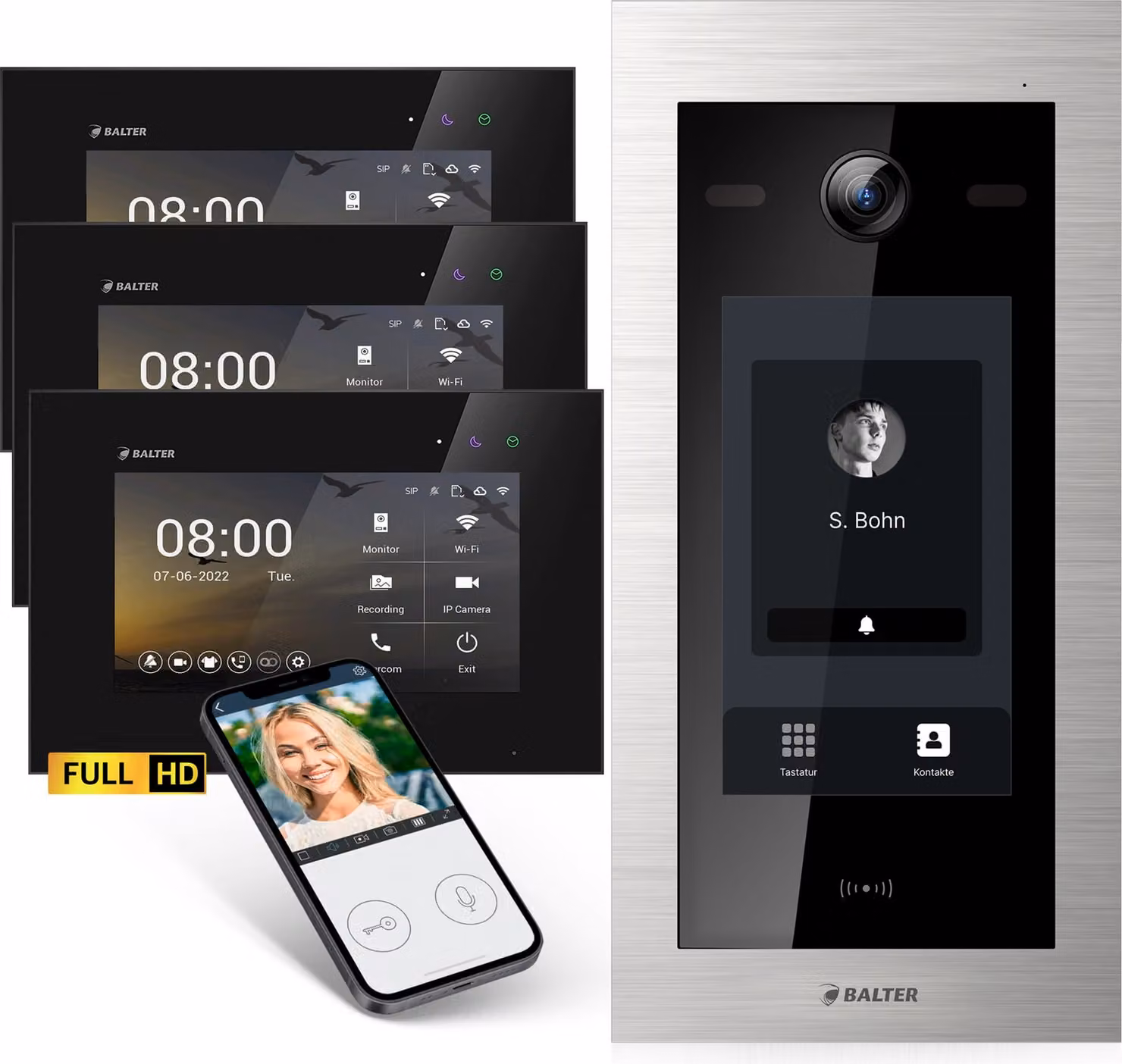 Videocitofono Balter EVO-HD con posto esterno touchscreen, campanello video, app, casa trifamiliare, 3x monitor da 7 pollici, full HD, bus a 2 fili, argento/nero