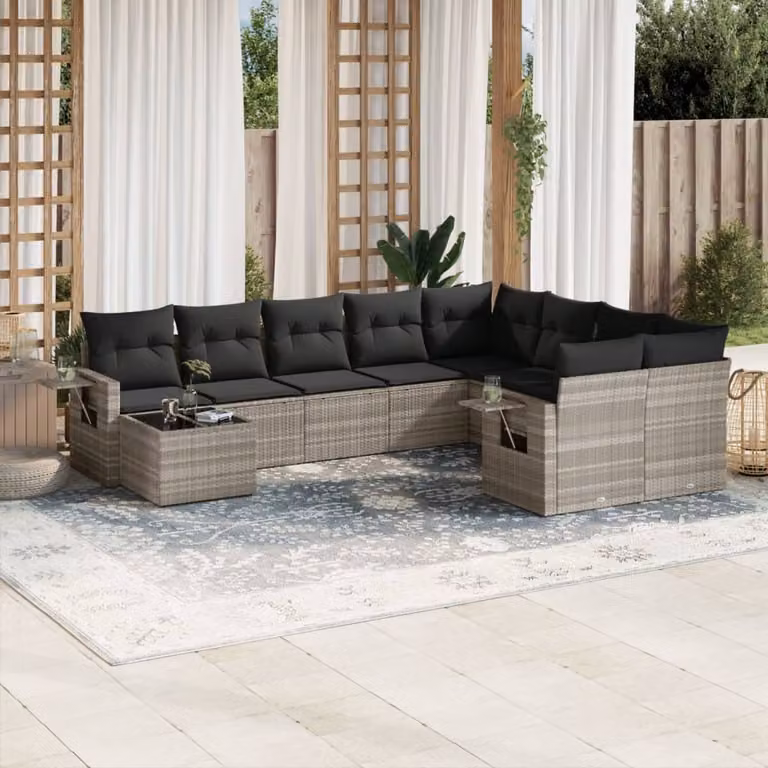 vidaXL Set Divano da Giardino 10 Pezzi in Polyrattan con Cuscini Grigio Chiaro