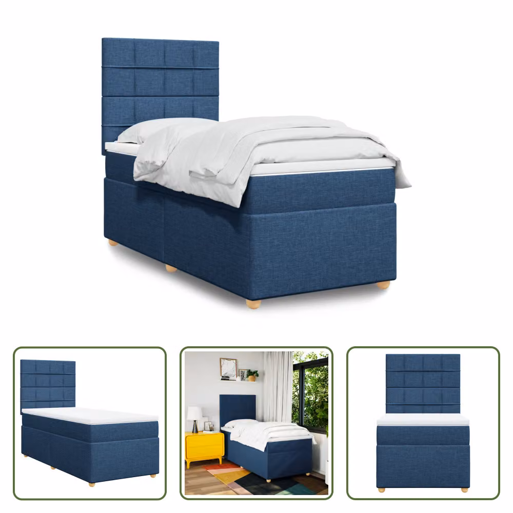 The Living Store Letto a molle con materasso blu 100x200 cm in tessuto