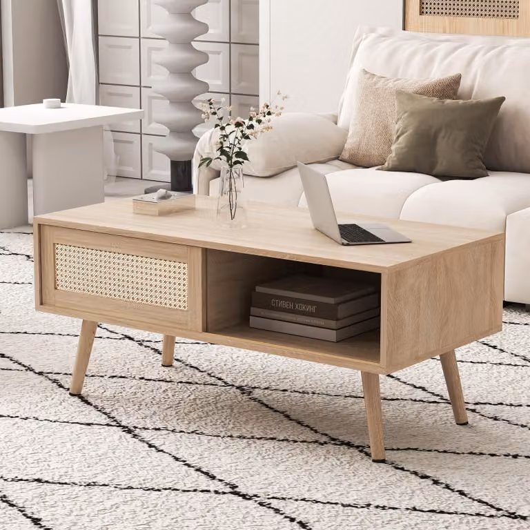 Tavolino con aspetto intrecciato, ante scorrevoli, gambe in legno massello, design moderno