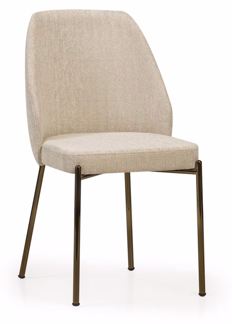 Comoda sedia imbottita da sala da pranzo, in tessuto beige, con gambe in metallo, di design