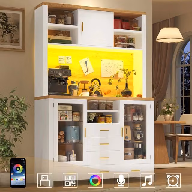 Credenza Buffet con LED ¨C MINIMAL ¨C Bianco/Legno, 4 Ante, 6 Cassetti, 120x40x188