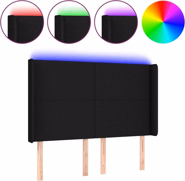Testata del letto con illuminazione LED e porta di ricarica USB in tessuto nero, L: 147 cm, P: 16 cm, H: 118-128 cm – 1