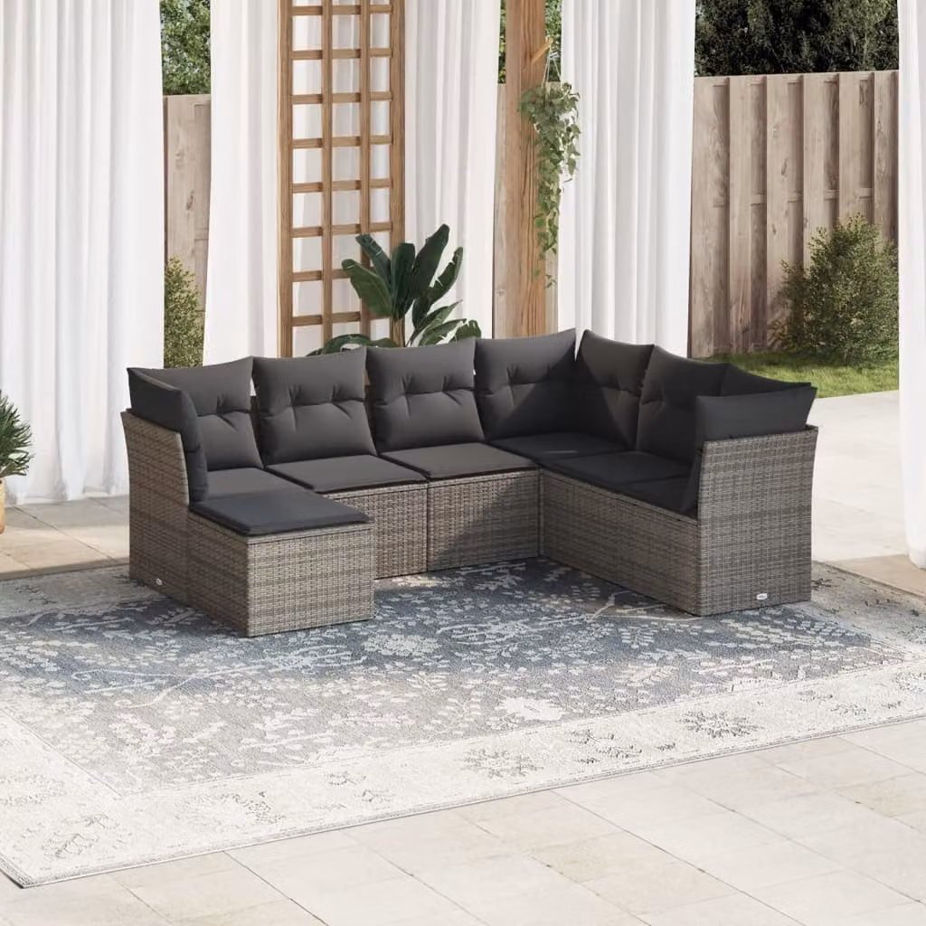 Set di Divani da Giardino vidaXL 7 Pezzi con Cuscini Grigio in Polyrattan e Acciaio – 1