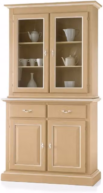 Cristalliera in legno massello Mobili 2G con ante in vetro e specchio, stile arte povera, laccata avorio e bianco, L: 121 cm, P: 51 cm, H: 227 cm