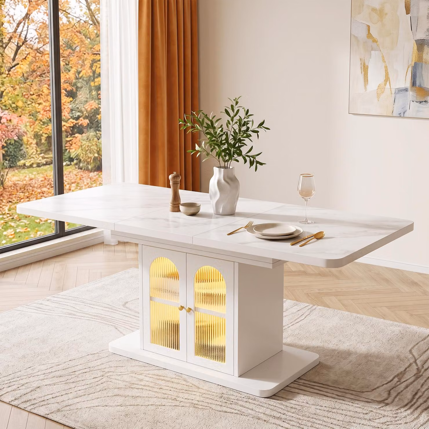 Tavolo da pranzo estendibile con spazio contenitore, piano spesso, illuminazione a LED, tavolo per la sala da pranzo, tavolo da cucina, dimensioni 150-200x80x76 cm, bianco