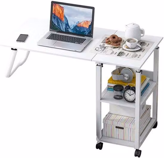 Ibenzoa® Tavolino laterale regolabile in altezza con rotelle, in MDF, altezza 70–88 cm, dimensioni 60–95×40 cm, 2 ripiani e struttura a forma di "L" invertita – mobile, ideale come tavolino per laptop, comodino o tavolino per snack