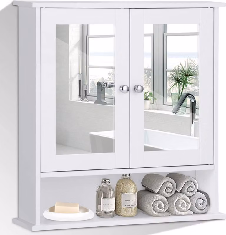 Armadio a specchio COSTWAY con ripiano regolabile in altezza e anta a specchio, mobile bagno a parete, mobile bagno, 58,5x56,5x13,5 cm bianco