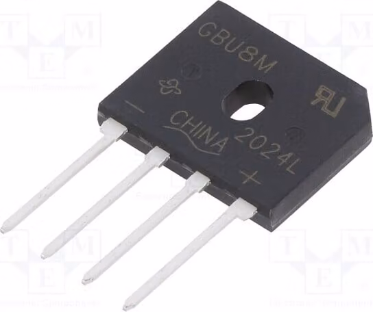 1x Raddrizzatore a ponte monofase. Corrente di corto circuito (Ifsm): 200A. Corrente nominale (If): 8A. Tensione massima (Urmax): 1kV. Modello: GBU GBU8M-E3/51