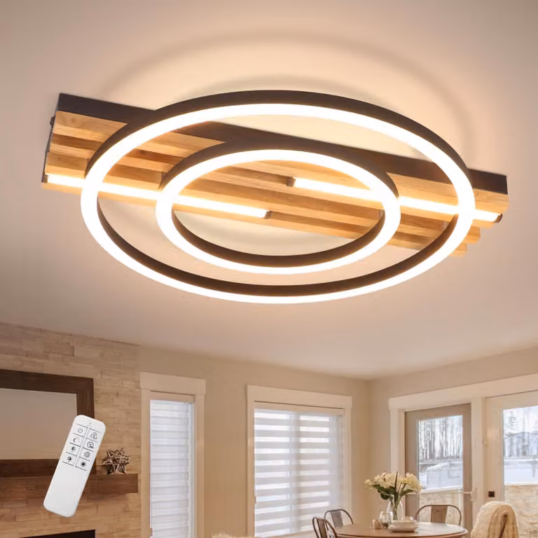 ZMH Lampada da soffitto a LED 34W in legno, dimmerabile, 55 cm, lampada da camera da letto a 2 anelli, lampada da soggiorno con telecomando per camera da letto, cucina e sala da pranzo, rotonda