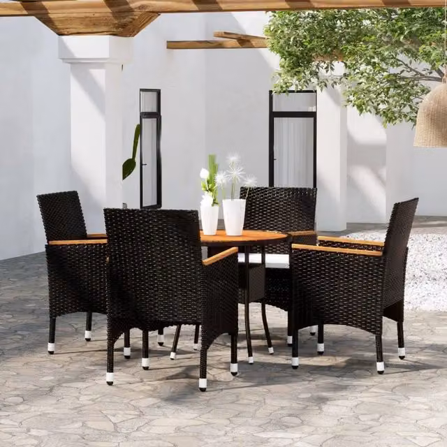Set da pranzo per giardino e terrazzo vidaXL in polyrattan e legno di acacia con tavolo rotondo, 5 pezzi, nero e bianco – 1