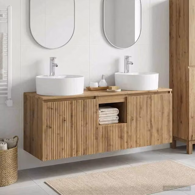 Set di mobili da bagno moderni vidaXL in legno color rovere marrone opaco, composto da 3 pezzi con armadietti a muro e mobile lavabo, L/P/H: 65,0 x 36,0 x 44,5 cm