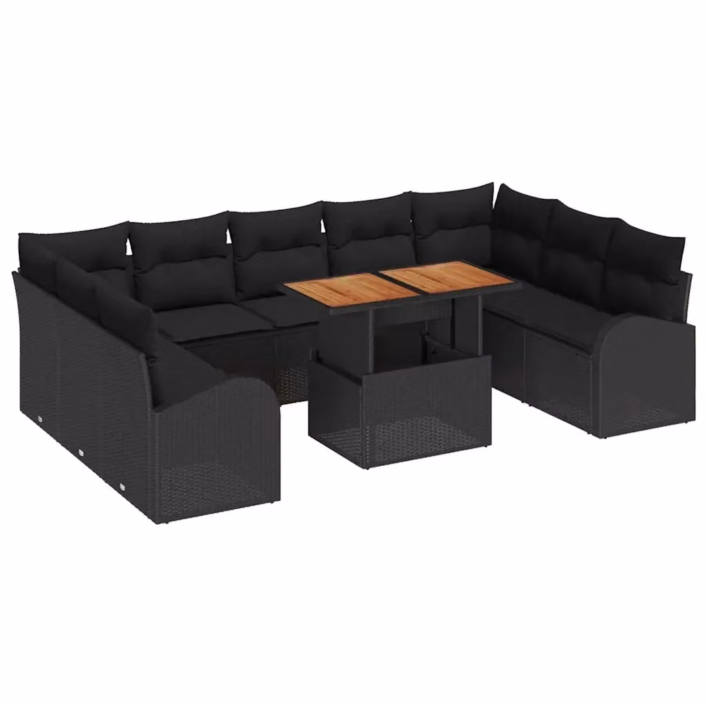 Set Divano da Giardino vidaXL 10 Pezzi in Polyrattan Nero e Marrone con Cuscini in Legno di Acacia – 2