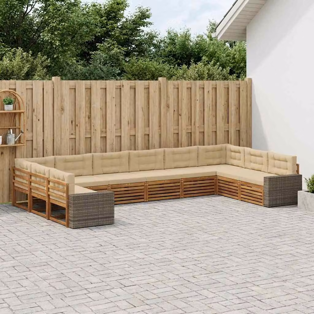 Set di divani da giardino vidaXL in legno di acacia massello, 10 pezzi, colore marrone e beige con cuscini inclusi, design moderno a L