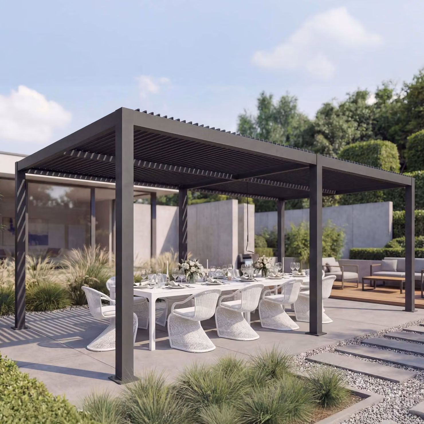 Pergola HWC-L46, padiglione da giardino a doghe, telaio in alluminio da 10 cm, grondaia antipioggia, 3x6 m ~ antracite