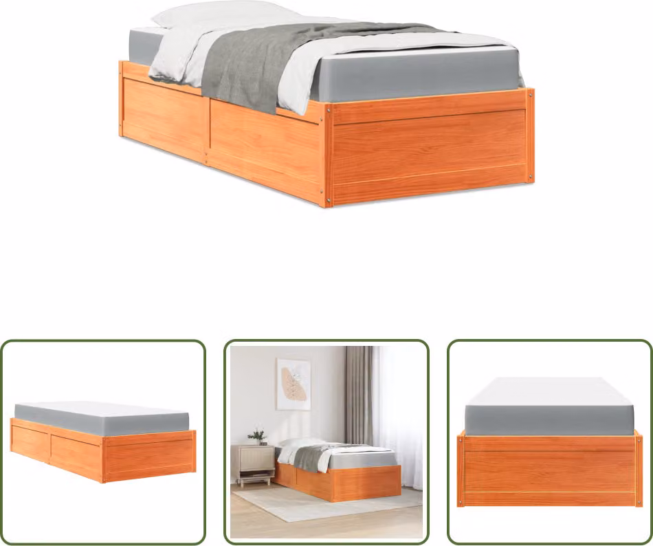 The Living Store Letto con materasso marrone cera 100x200 cm in legno di pino massiccio