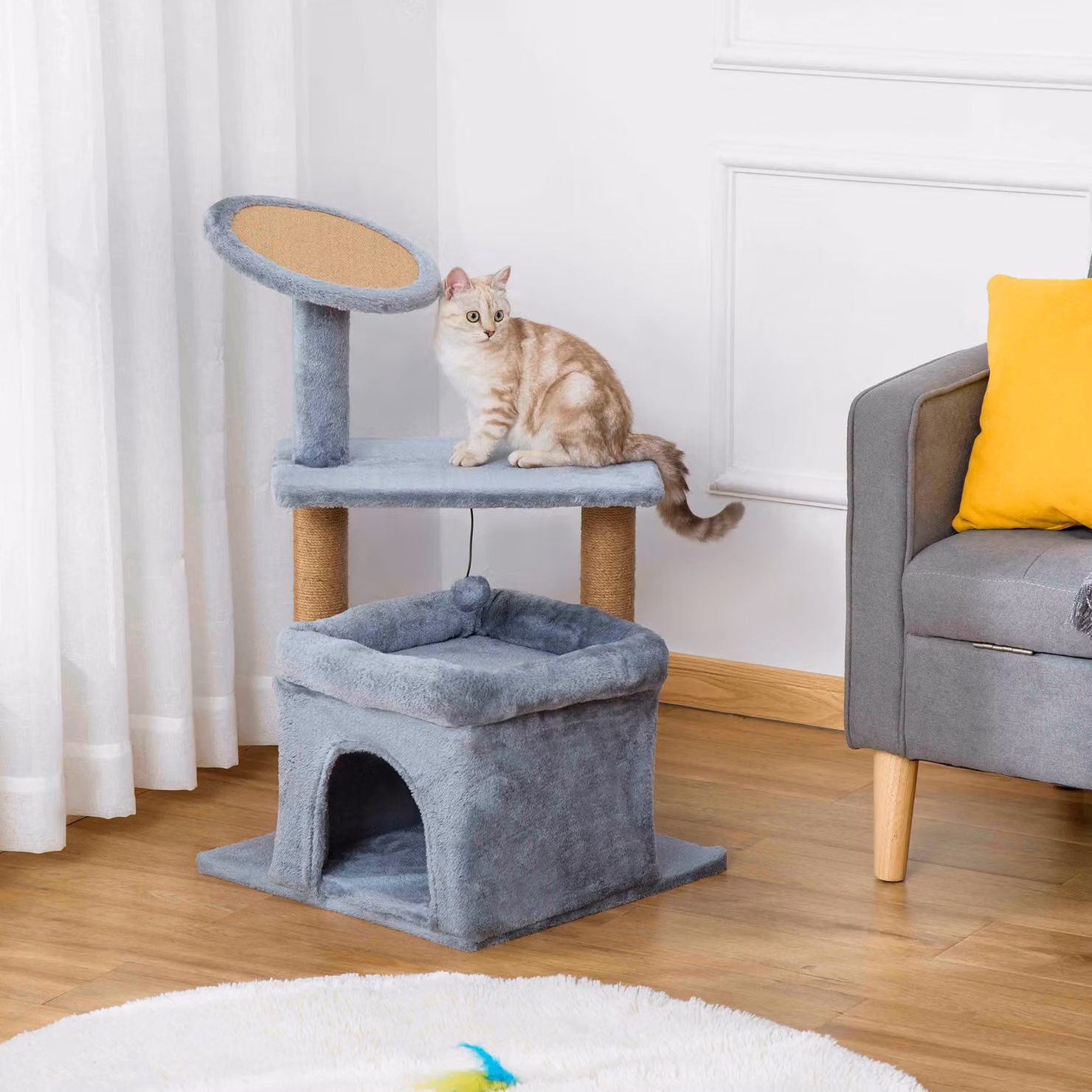 Albero Tiragraffi per Gatti PawHut con Casetta, Cuscino e Pali in Corda Juta, Rivestimento in Peluche, Grigio, Altezza: 84 cm – 2