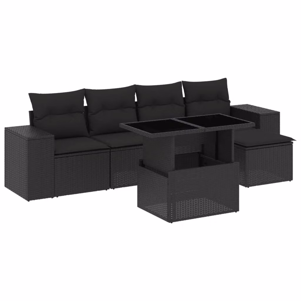 Set Divano da Giardino 6 pz con Cuscini Nero in Polyrattan