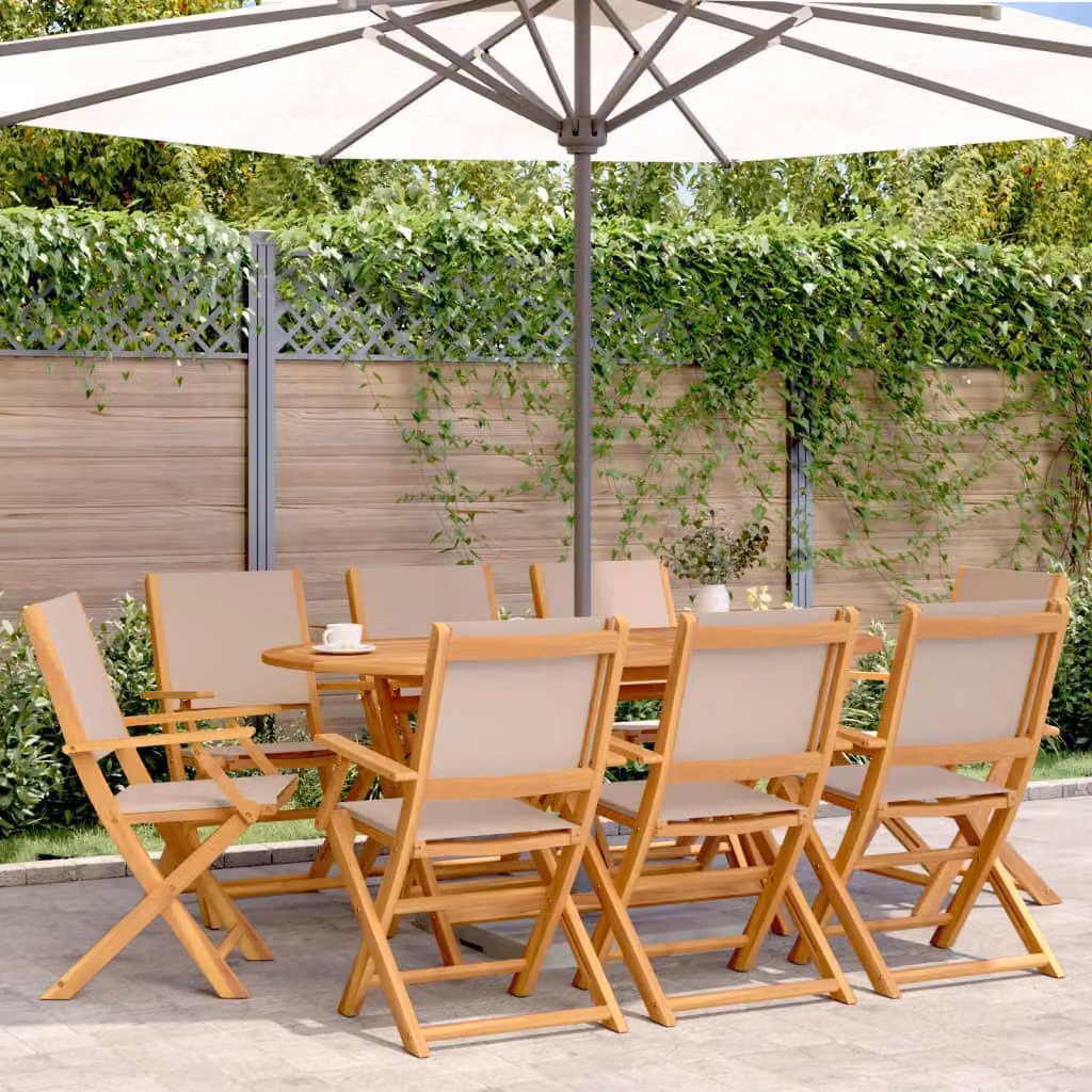 Set di 8 sedie pieghevoli vidaXL in legno di acacia oliato e tessuto resistente ai raggi UV color beige/grigio con braccioli – 1