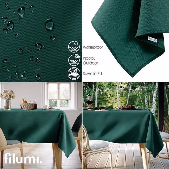 Tovaglia realizzata con materiali riciclati, dimensioni 120x180 cm, colore verde scuro, con motivo geometrico a zig-zag, adatta sia per interni che per esterni