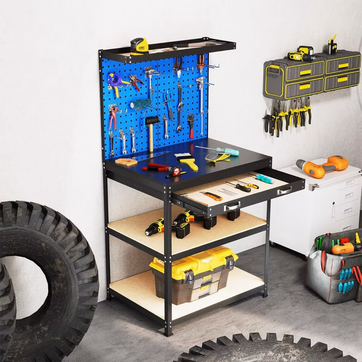 Costway Banco da lavoro in metallo con 2 pegboard, cassetto e mensole, Stazione di lavoro per casa, garage e officina, Blu Navy