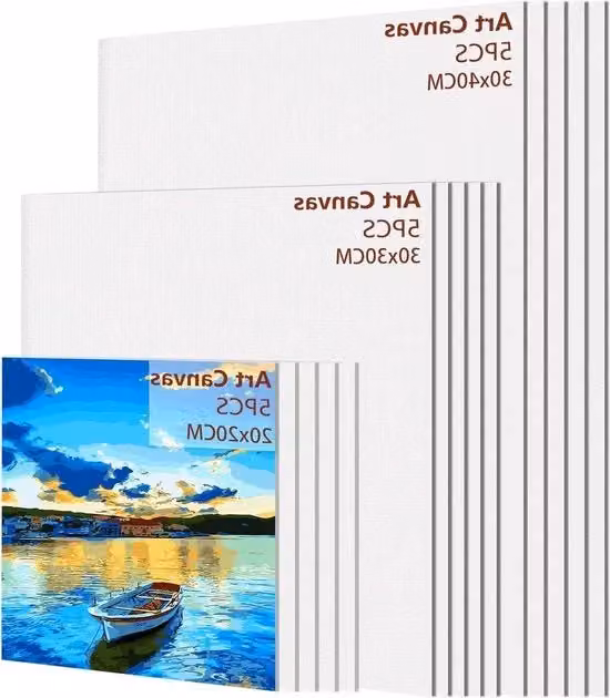 Set di 15 telai per dipinti in legno e cotone bianco per acrilico, formati: 20 x 20 cm, 30 x 30 cm e 30 x 40 cm