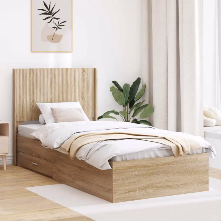 Struttura letto con contenitore e testata vidaXL in Rovere Sonoma, L/P/H: 140 x 190 x 97 cm
