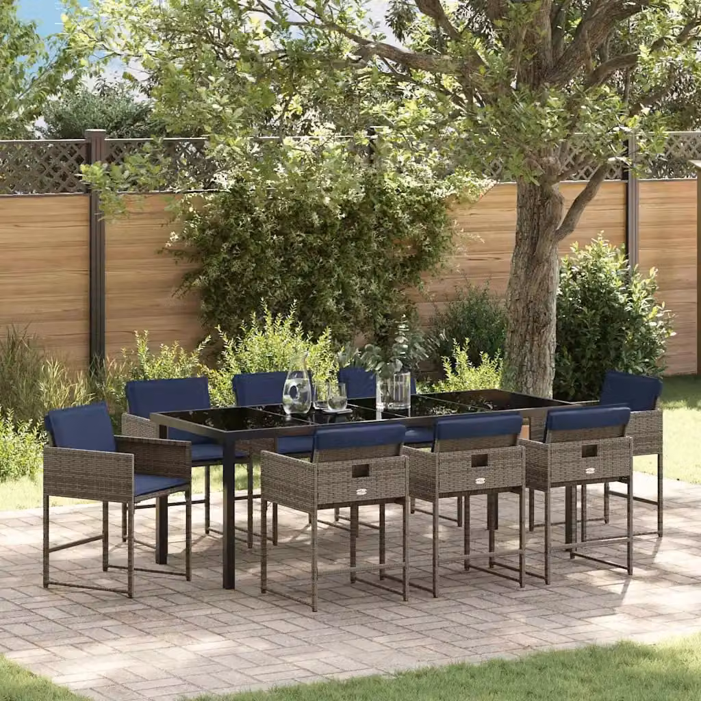 Set da pranzo per giardino e terrazzo vidaXL in polyrattan e vetro, 9 pezzi, Grigio