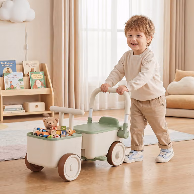 Auto a spinta 3 in 1 Costway per bambini con corda di traino, vano portaoggetti e ruote antiscivolo, Verde