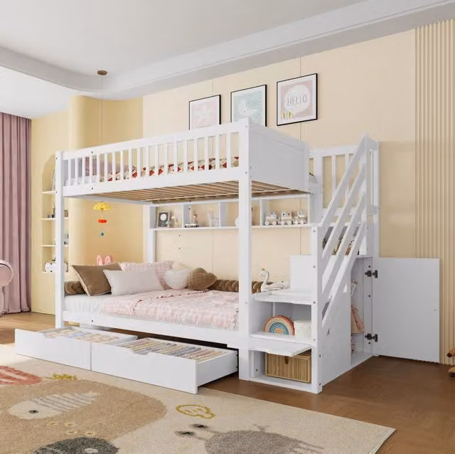 Letto a castello per bambini 90x200 cm con armadio; cassetti; scaffali e scala contenitore; bianco