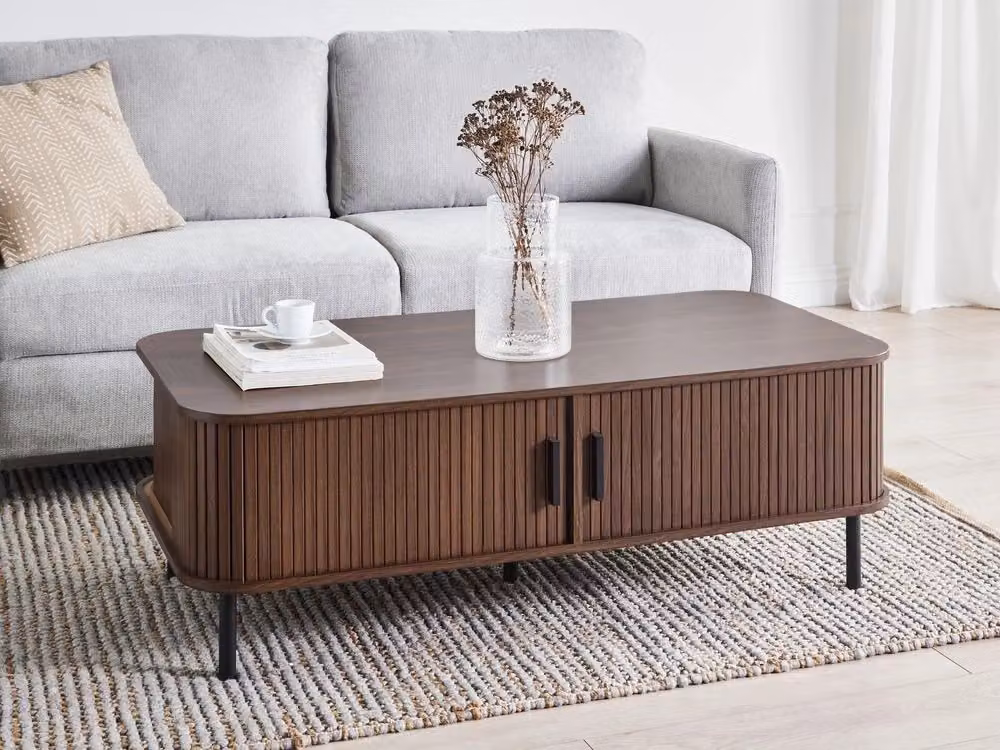 Tavolino da caffè rettangolare BELIANI in legno scuro e metallo nero con porta scorrevole in stile retrò L/P/H: 120 x 60 x 41 cm – 2