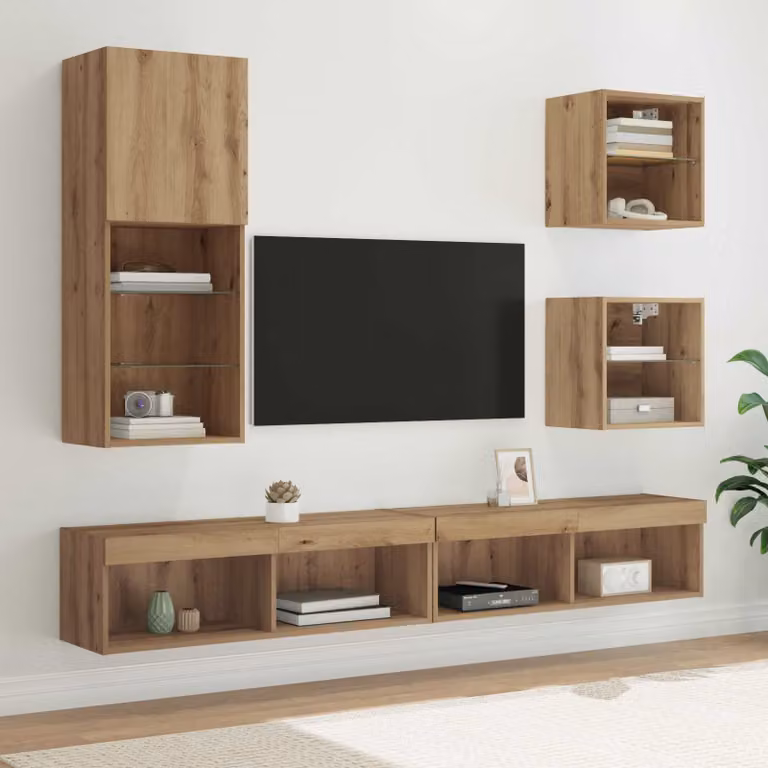 Unità a muro per TV vidaXL con illuminazione LED in rovere artigianale, set da 5 pezzi, marrone opaco