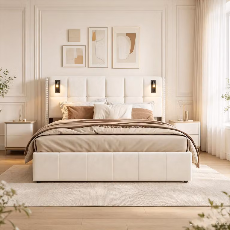 Letto imbottito INONEFT con spazio contenitore, 140 x 200 cm, letto matrimoniale con sistema di sollevamento idraulico, ideale per ragazzi, rivestito in velluto, color beige