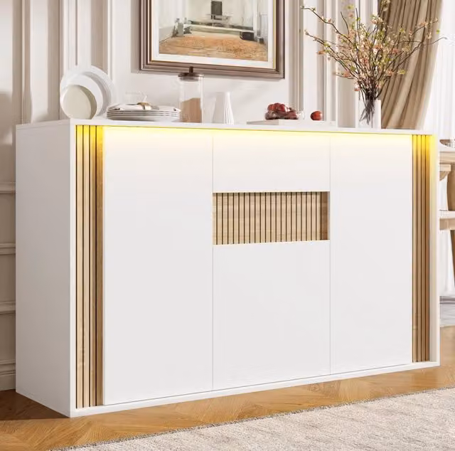 Credenza con 3 ante; 1 cassetto e illuminazione LED regolabile 140x40x82 cm; bianco e naturale