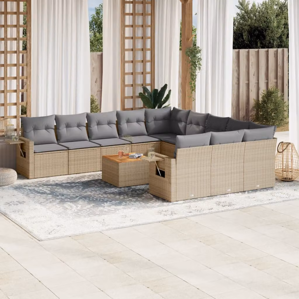 vidaXL Set Divano da Giardino 12 pz in Polyrattan con Cuscini Beige e Grigio e Tavolino da Esterno – 1