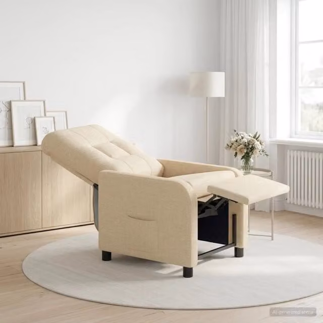Poltrona reclinabile relax in tessuto beige con braccioli e struttura moderna per soggiorno o ufficio