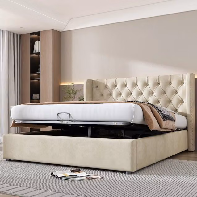 Letto 160x200 cm con contenitore idraulico e rete a doghe in velluto beige