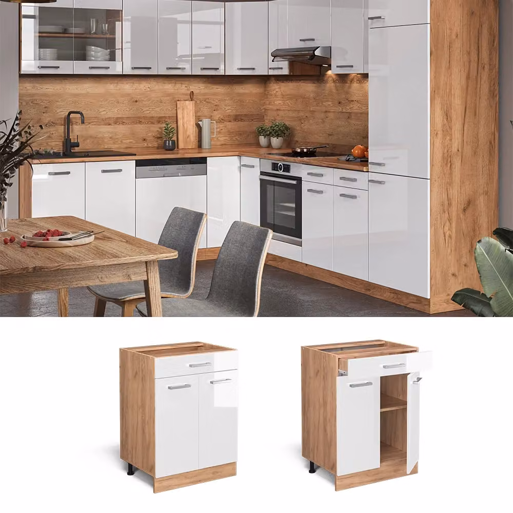 Mobiletto base per cucina Vicco R-Line Bianco lucido e Rovere dorato con cassetto, larghezza: 60 cm – 2