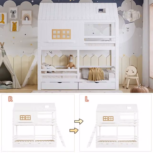 Letto a castello per bambini 90x200 cm con tetto; finestre e 2 cassetti; bianco e naturale
